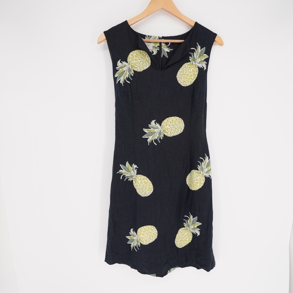 Hobbs Amalfi Tie Back Linen Dress Womens US10 UK14 Black Pineapple Print Sheath